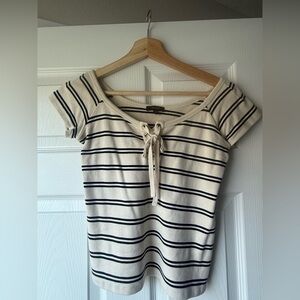 Massimo Dutti cream black striped short-sleeve knit top front lace-up detail